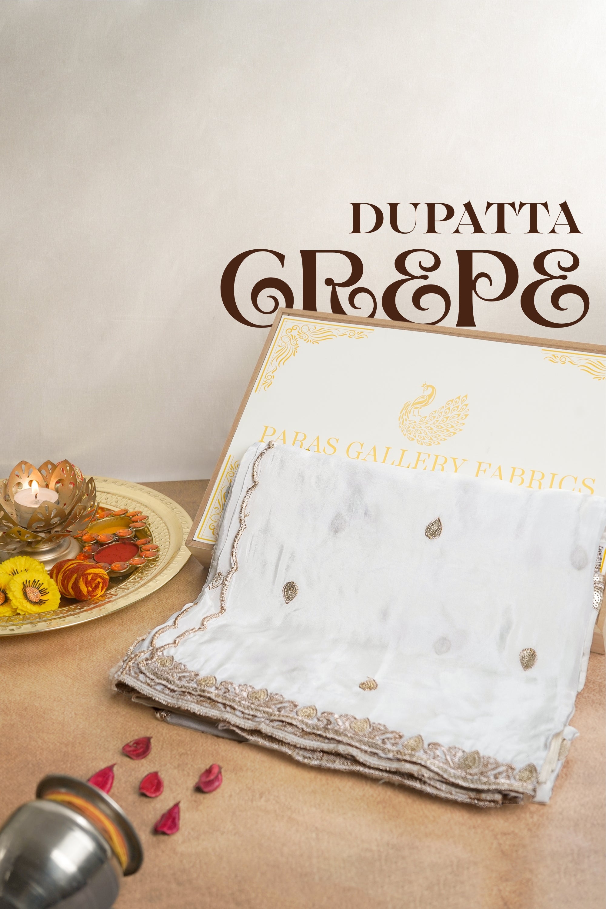 White Dyeable Crepe Dupatta With All Over Zari And Sequins Work 21122