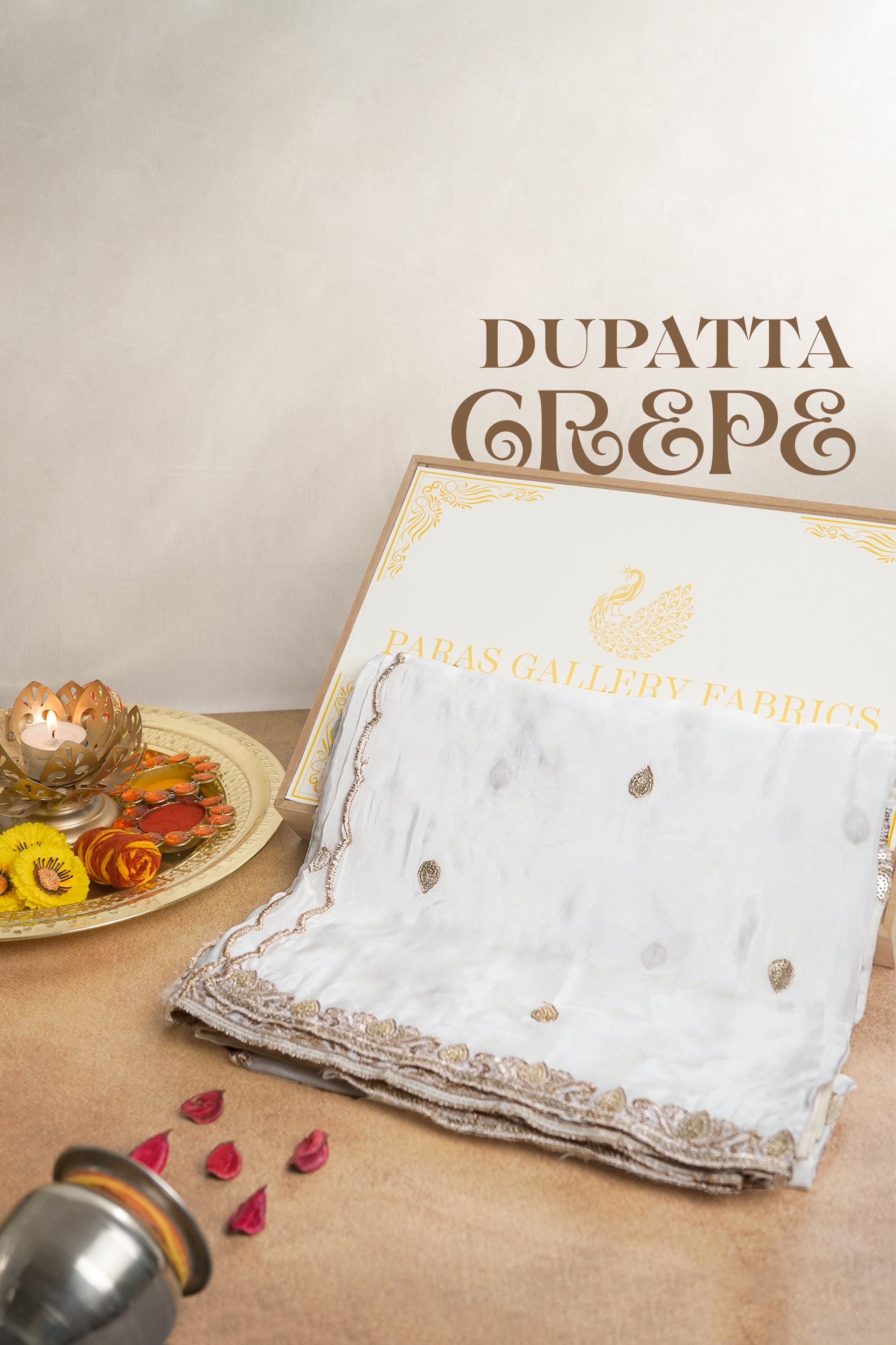 White Dyeable Crepe Dupatta With All Over Zari And Sequins Work 21182