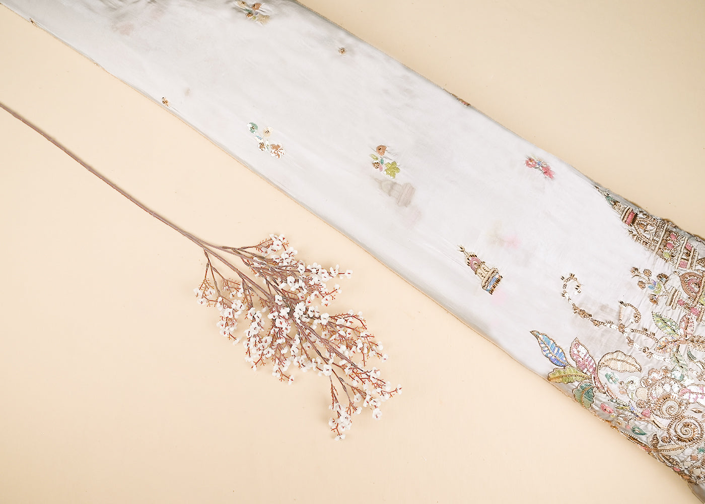 White Dyeable Crepe Fabric With All Over Buti Of Sequins And Katdana Work With One Side Heavy Border 21192