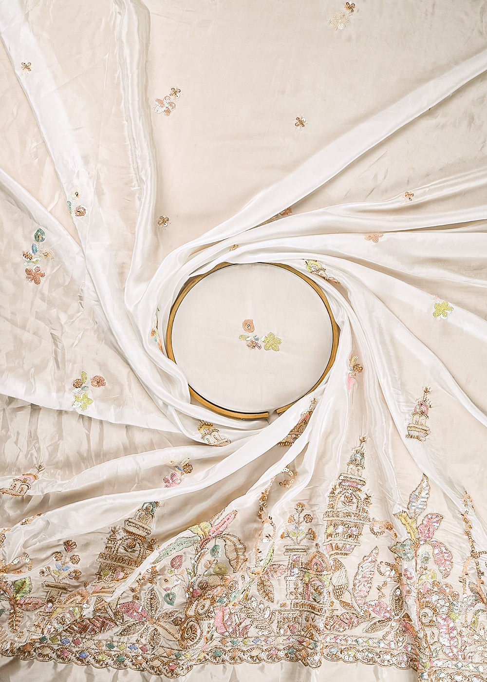 White Dyeable Crepe Fabric With All Over Buti Of Sequins And Katdana Work With One Side Heavy Border 21192