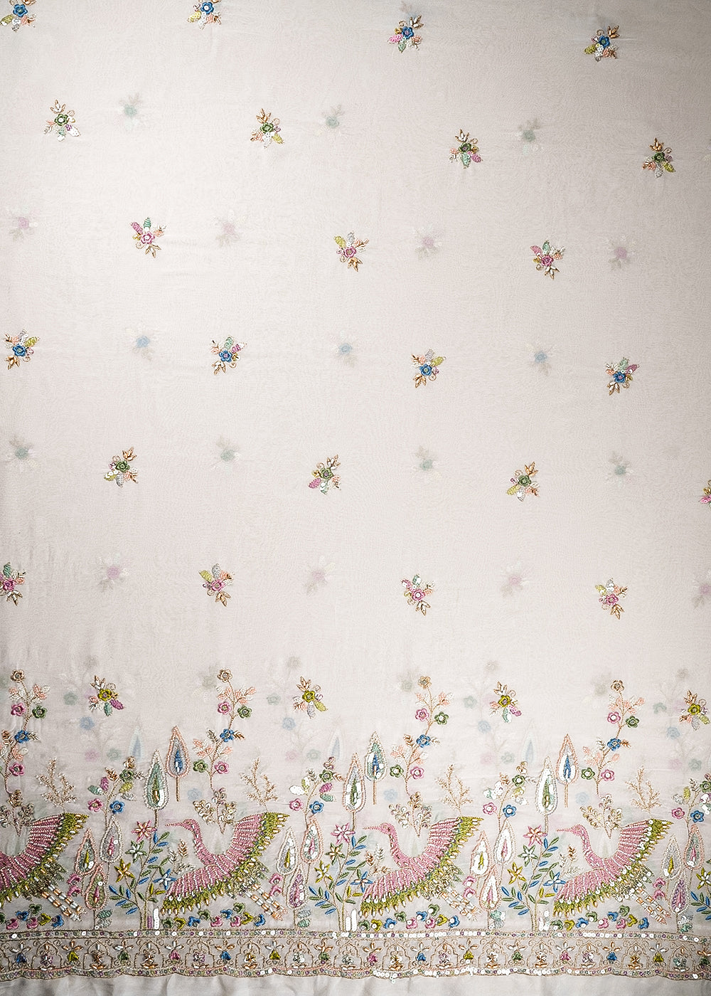 White-Georgette-Dyeable-Fabric-With-All-Over-Bead,-Katdana,-Sequins,-Zari-And-Thread-Work-With-One-Side-Bird-Motif-Border-21194-work-view