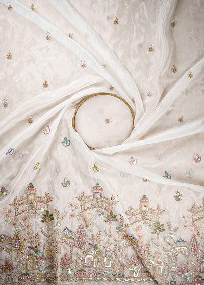 White Organza Fabric With All Over Bead, Katdana, Sequins, Zari And Thread Work With One Side Border 21195