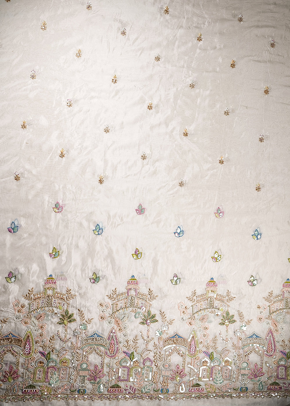 White Organza Fabric With All Over Bead, Katdana, Sequins, Zari And Thread Work With One Side Border 21195