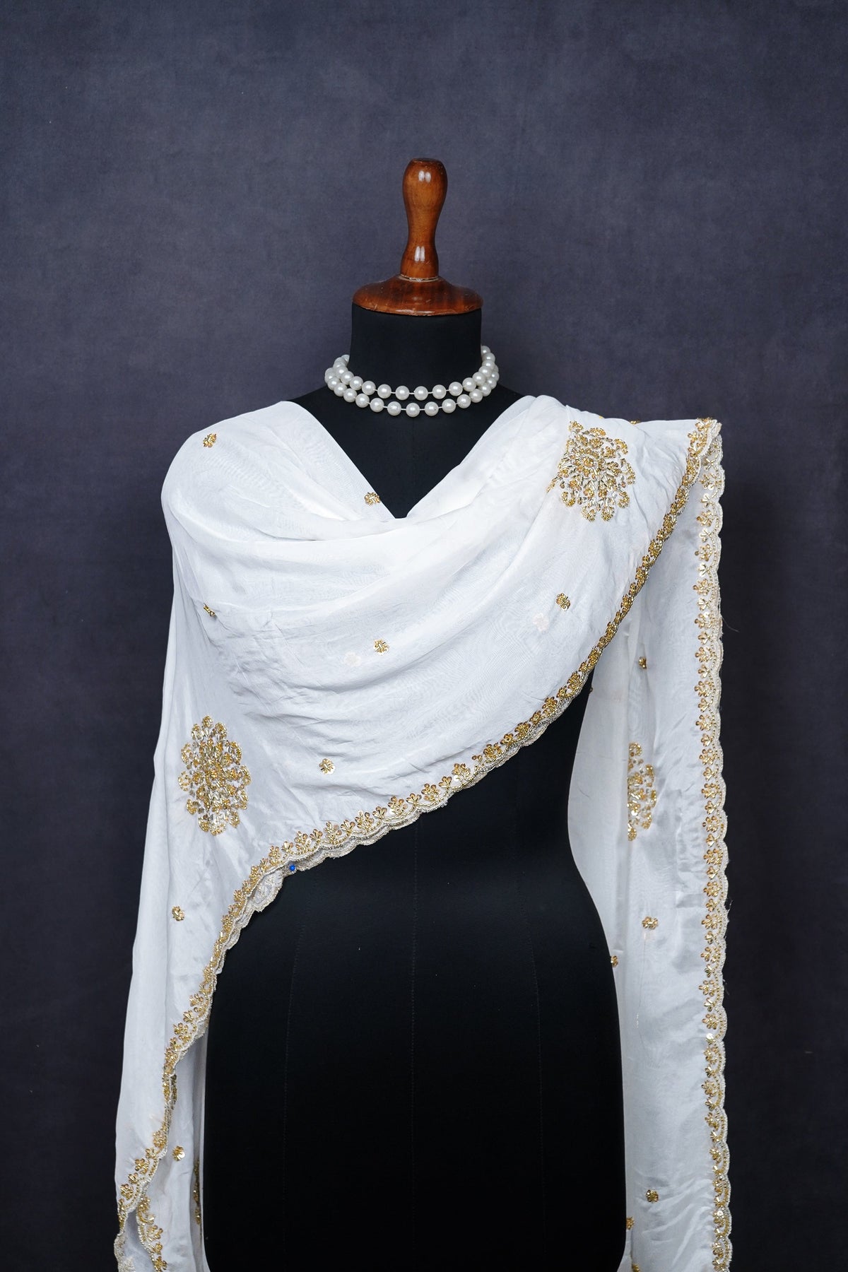 White Dyeable Organza Dupatta All Over Zari, Sequins And Katdana Work 21197