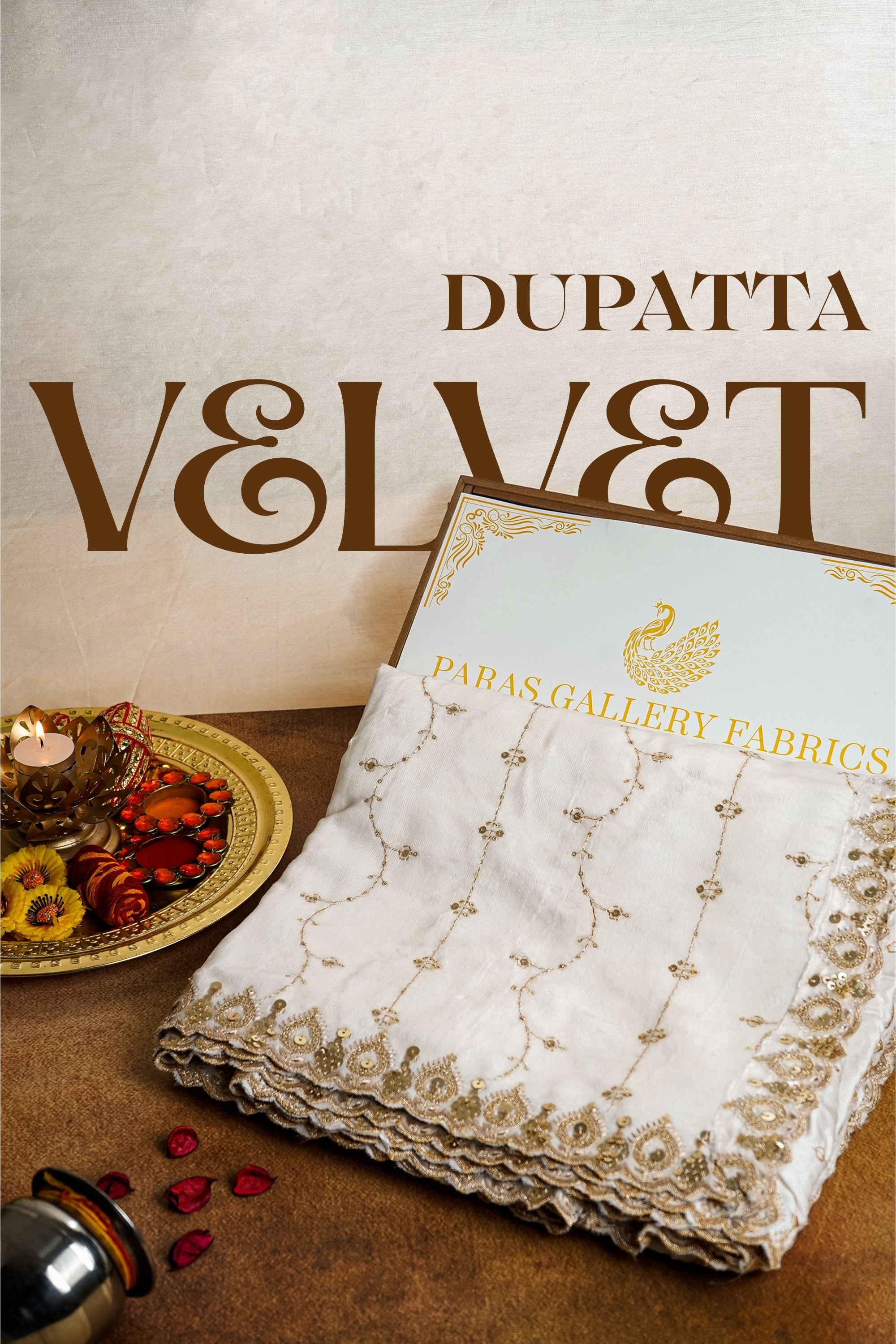 White Velvet Dupatta With All Over Zari And Sequins Work 21204