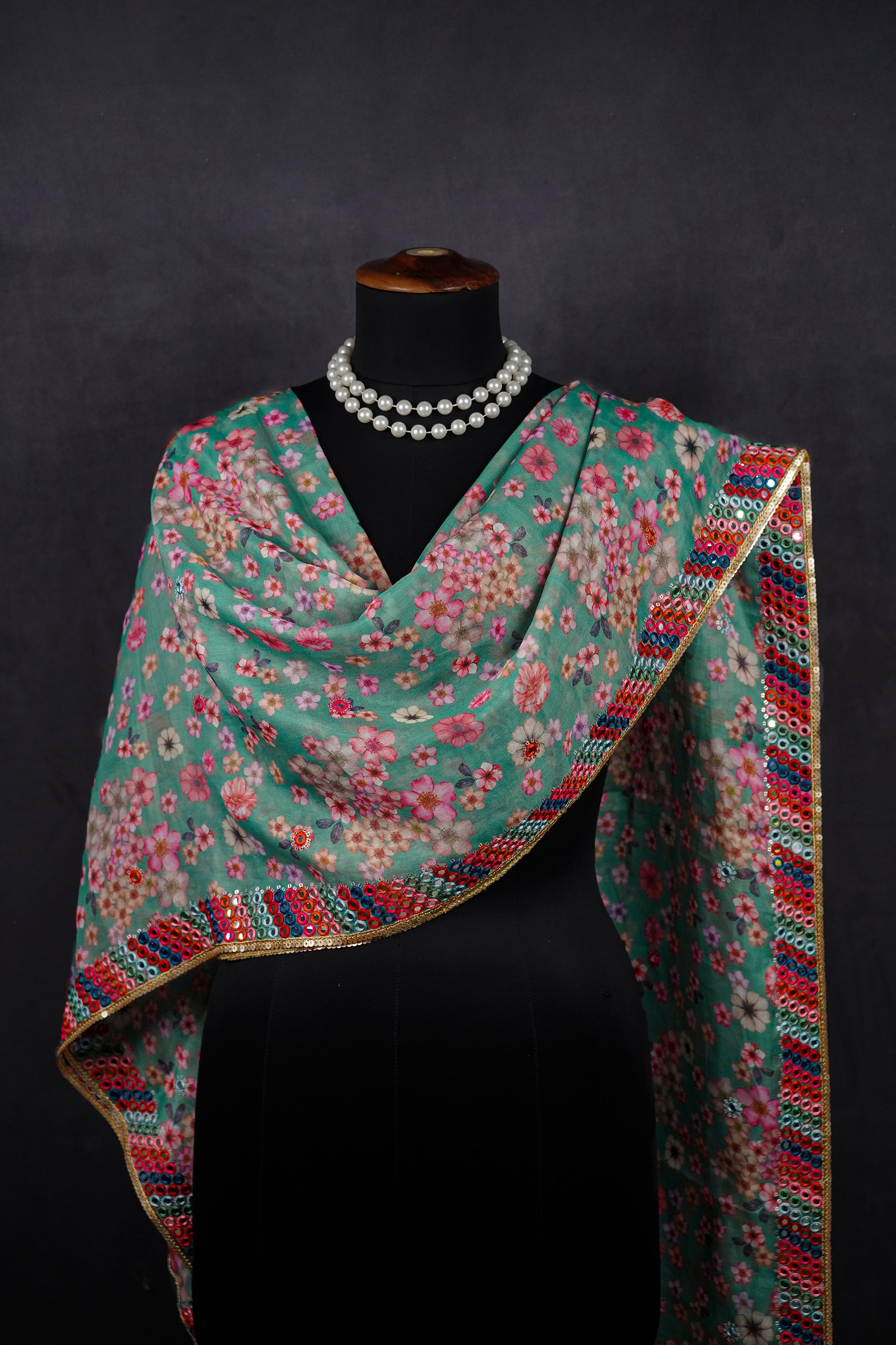 White Dyeable Organza Dupatta With All Over Thread, Sequins And Faux Mirror Work 21222
