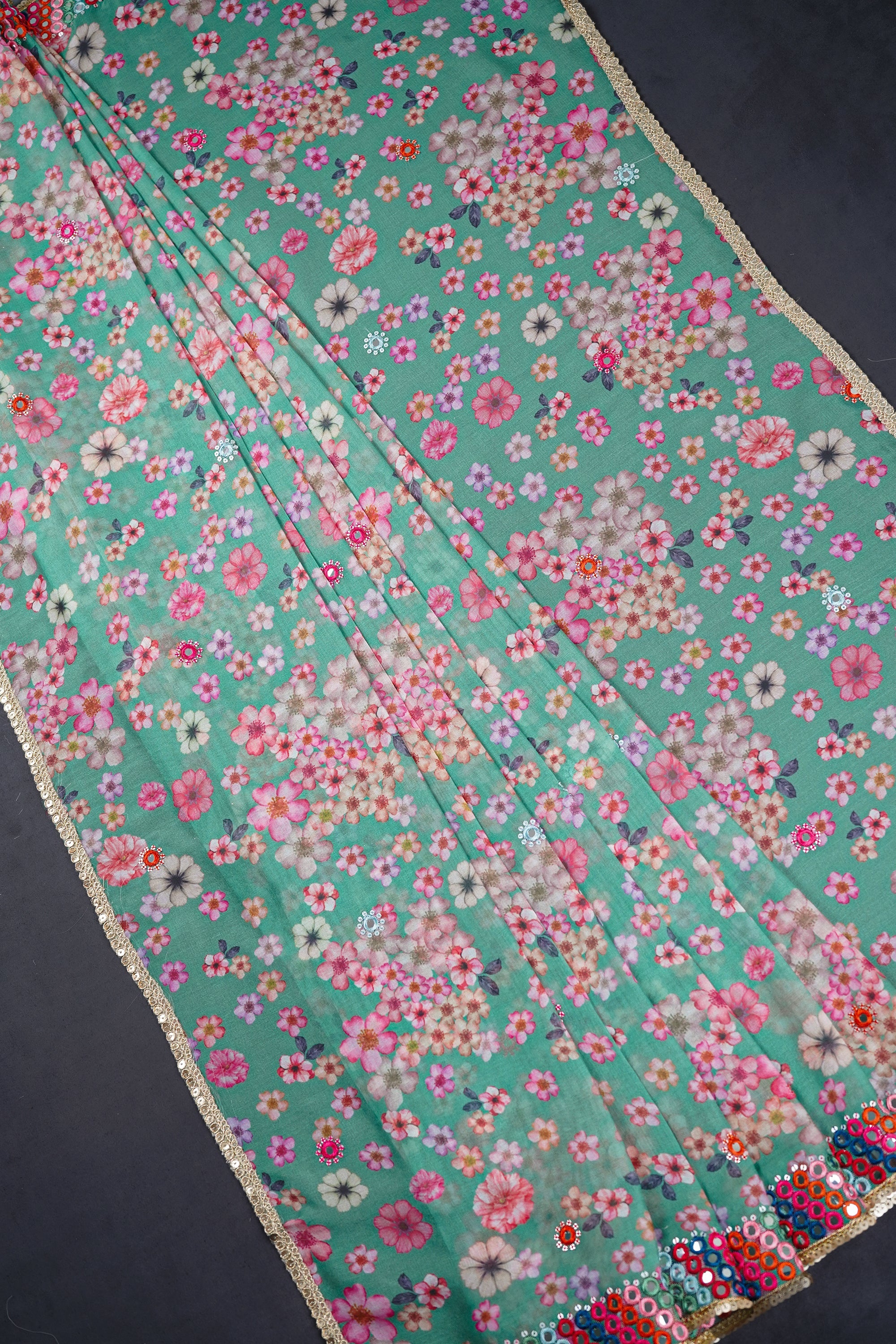 White Dyeable Organza Dupatta With All Over Thread, Sequins And Faux Mirror Work 21222