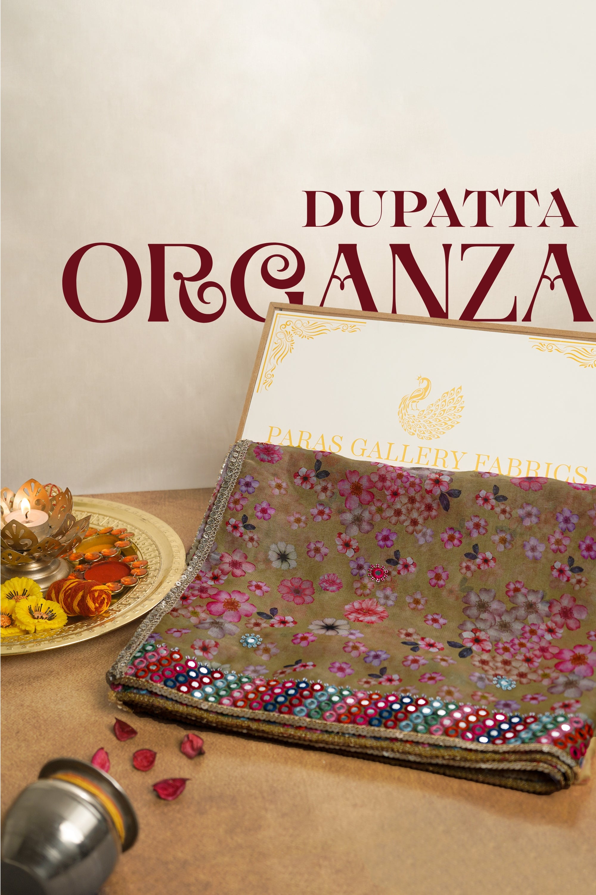 White Dyeable Organza Dupatta With All Over Thread, Sequins And Faux Mirror Work 21224