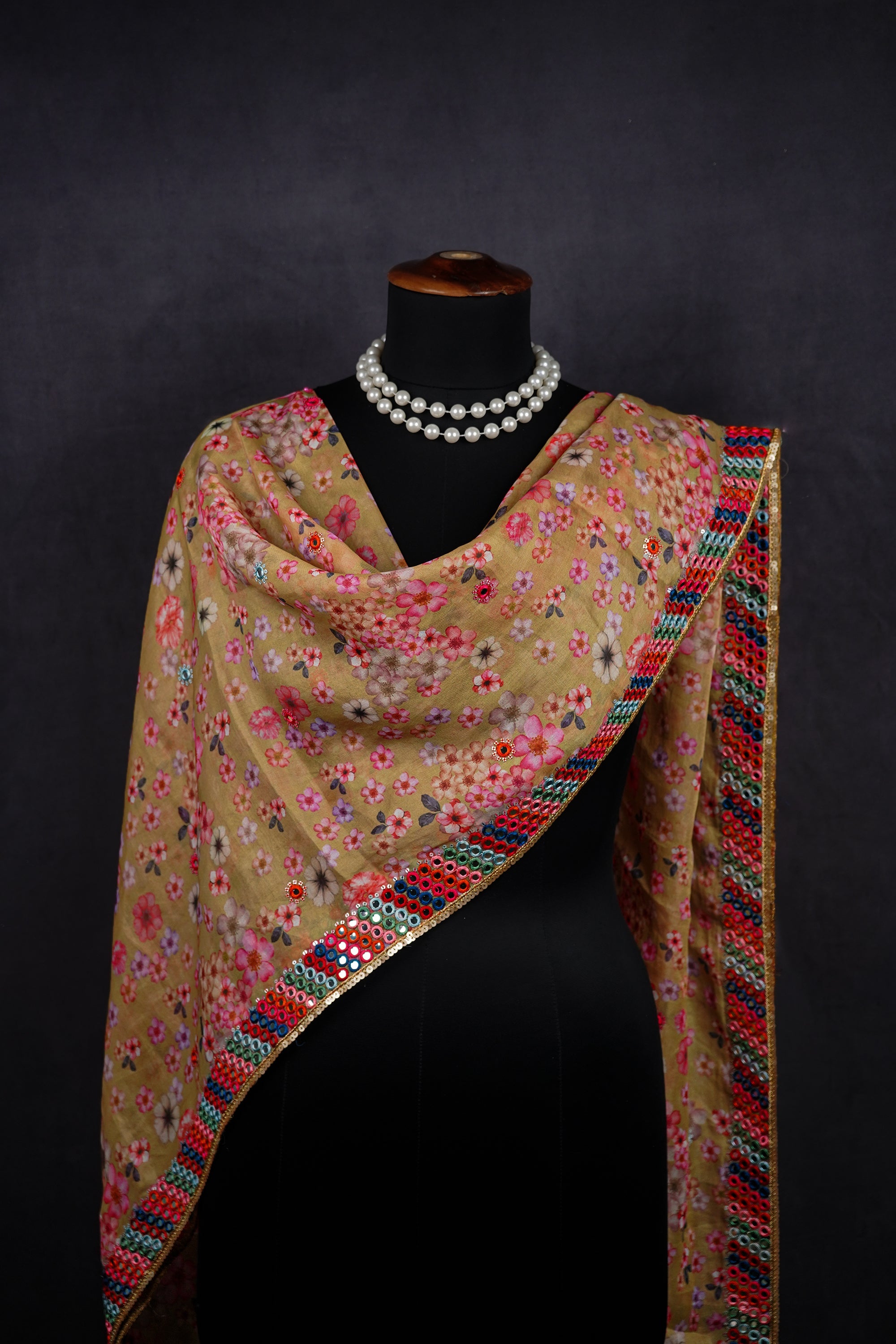 White Dyeable Organza Dupatta With All Over Thread, Sequins And Faux Mirror Work 21224
