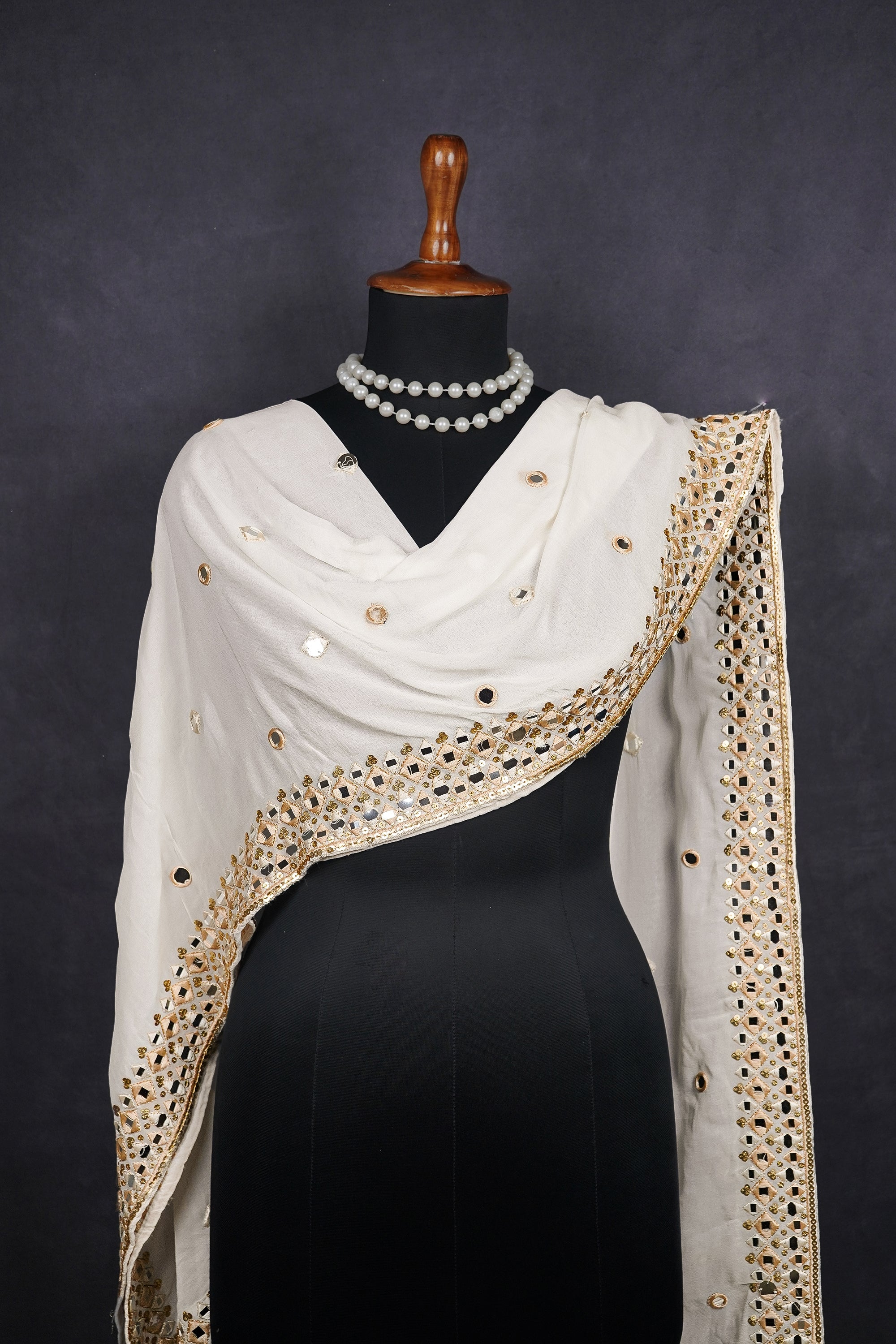 White Dyeable Georgette Dupatta With All Over Zari, Sequins And Faux Mirror Work 21234