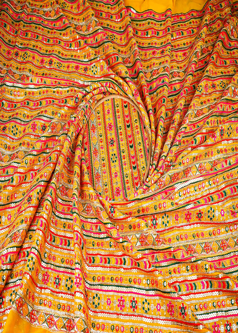 Yellow-Georgette-Fabric-With-All-Over-Thread,-Sequins-And-Zari-Work-21247-close-view