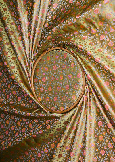Pista Green Banarasi Brocade Fabric With All Over Thread And Zari Handloom 21257