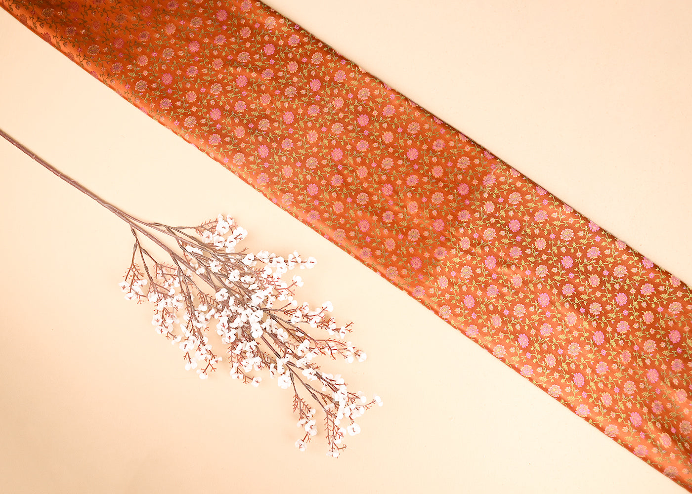 Orange Banarasi Brocade Fabric With All Over Thread And Zari Handloom 21258