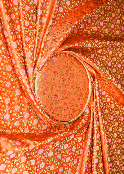 Orange Banarasi Brocade Fabric With All Over Thread And Zari Handloom 21258