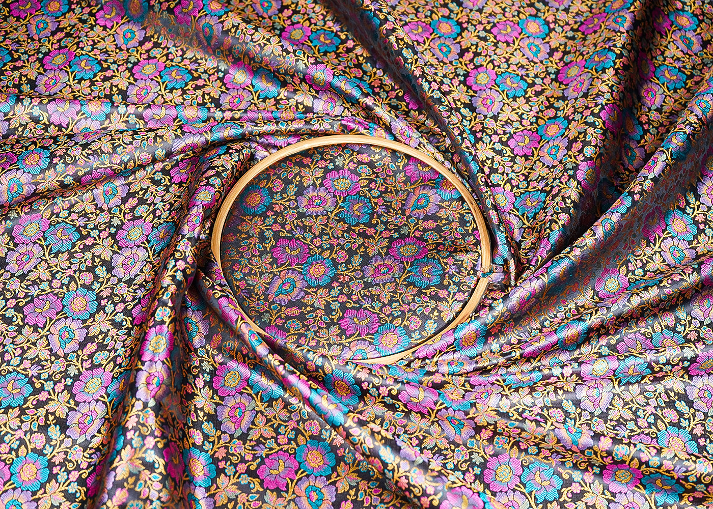 Black Banarasi Brocade Fabric With All Over Thread And Zari Handloom 21260