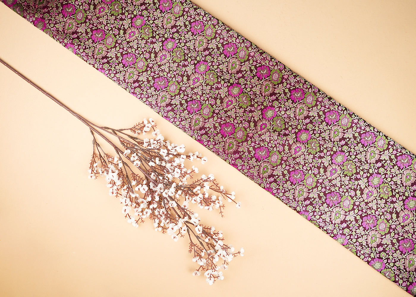 Wine Banarasi Brocade Fabric With All Over Thread And Zari Handloom 21262