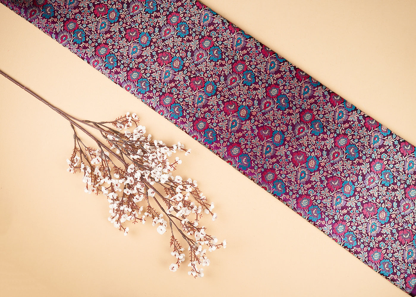 Dark Purple Banarasi Brocade Fabric With All Over Thread And Zari Handloom 21263