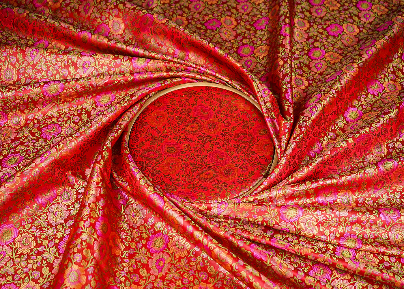 Red Banarasi Brocade Fabric With All Over Thread And Zari Handloom 21265