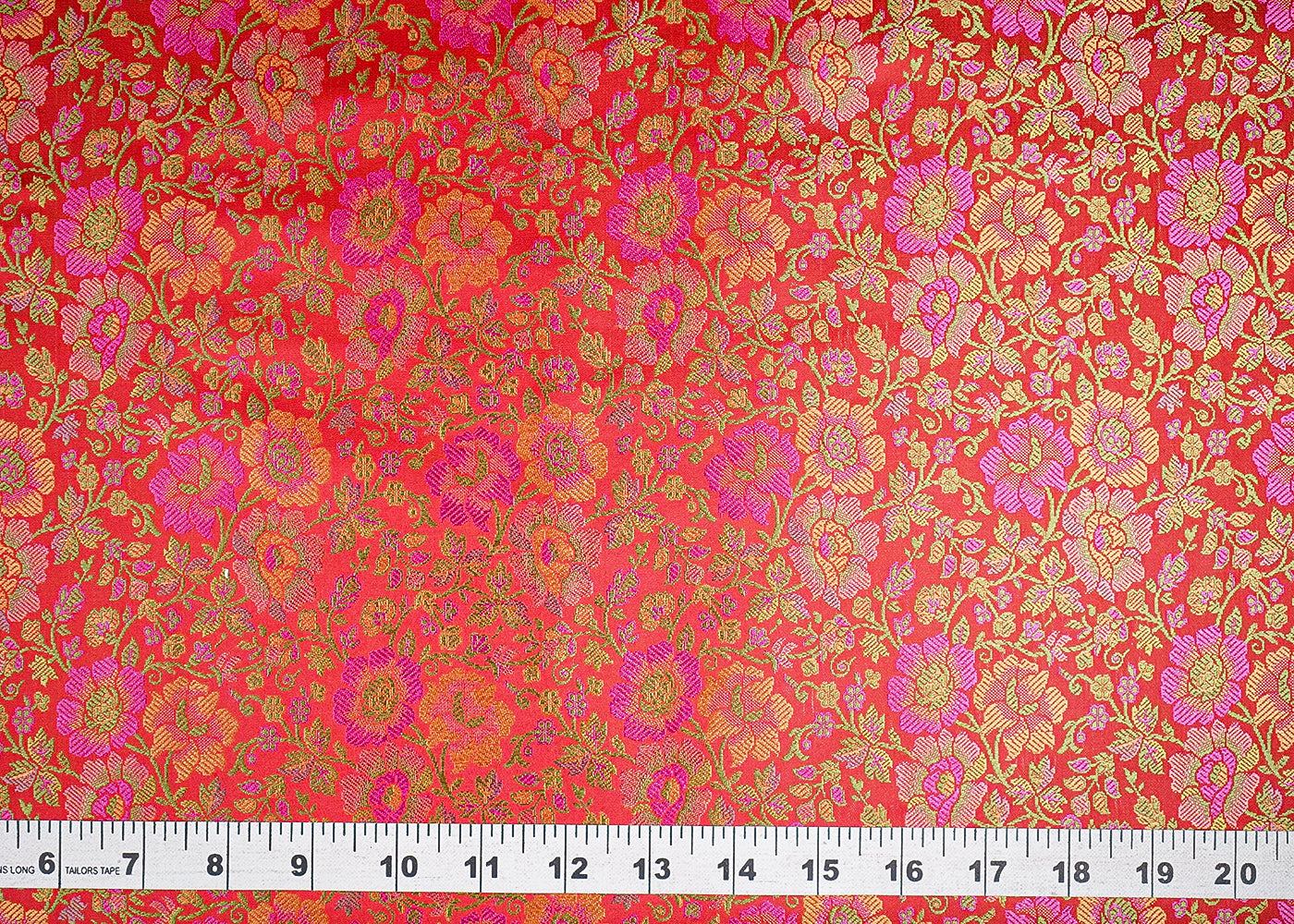 Red Banarasi Brocade Fabric With All Over Thread And Zari Handloom 21265