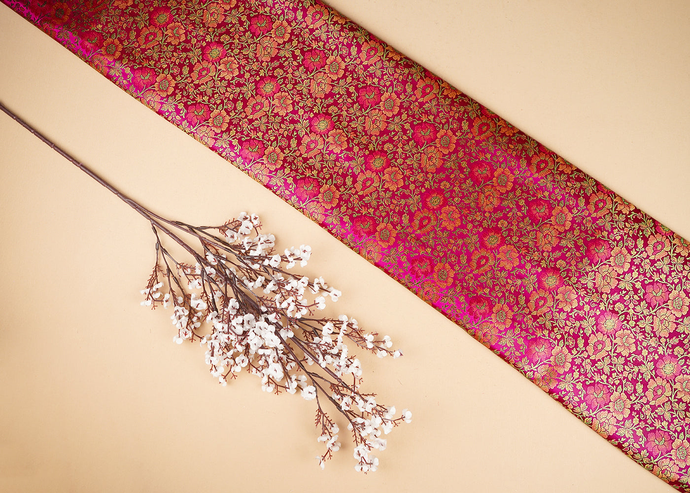 Rani Pink Banarasi Brocade Fabric With All Over Thread And Zari Handloom 21266