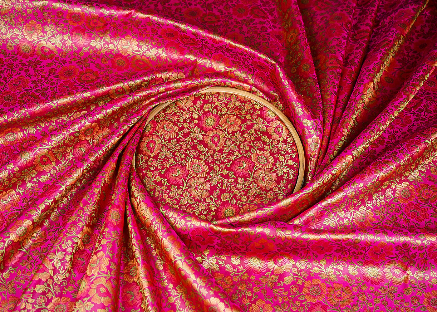 Rani Pink Banarasi Brocade Fabric With All Over Thread And Zari Handloom 21266