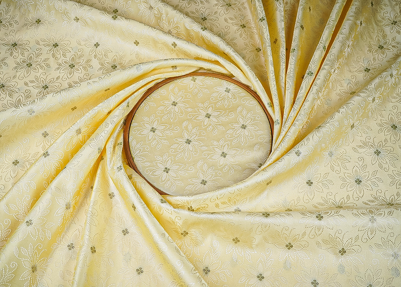 Pastel Yellow Banarasi Brocade Fabric With All Over Thread And Zari Handloom 21272