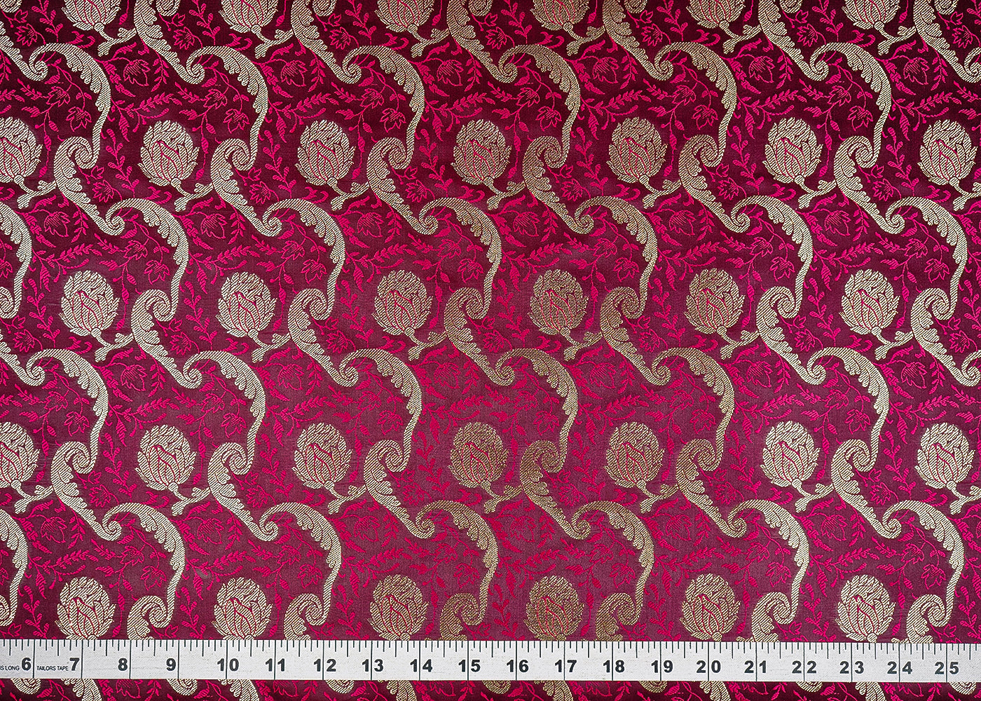 Wine Banarasi Brocade Fabric With All Over Thread And Zari Handloom 21273