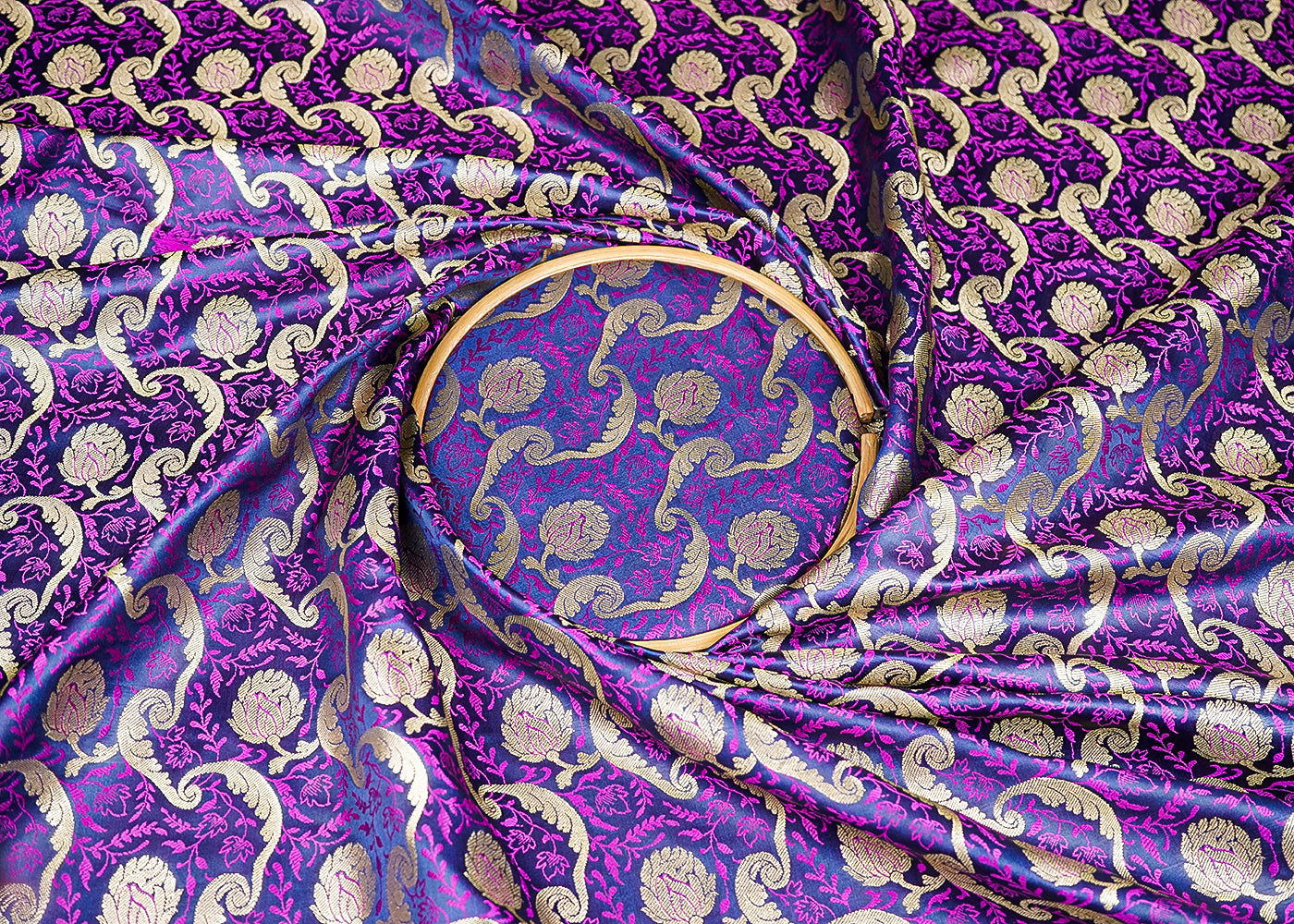 Navy Blue Banarasi Brocade Fabric With All Over Thread And Zari Handloom 21274