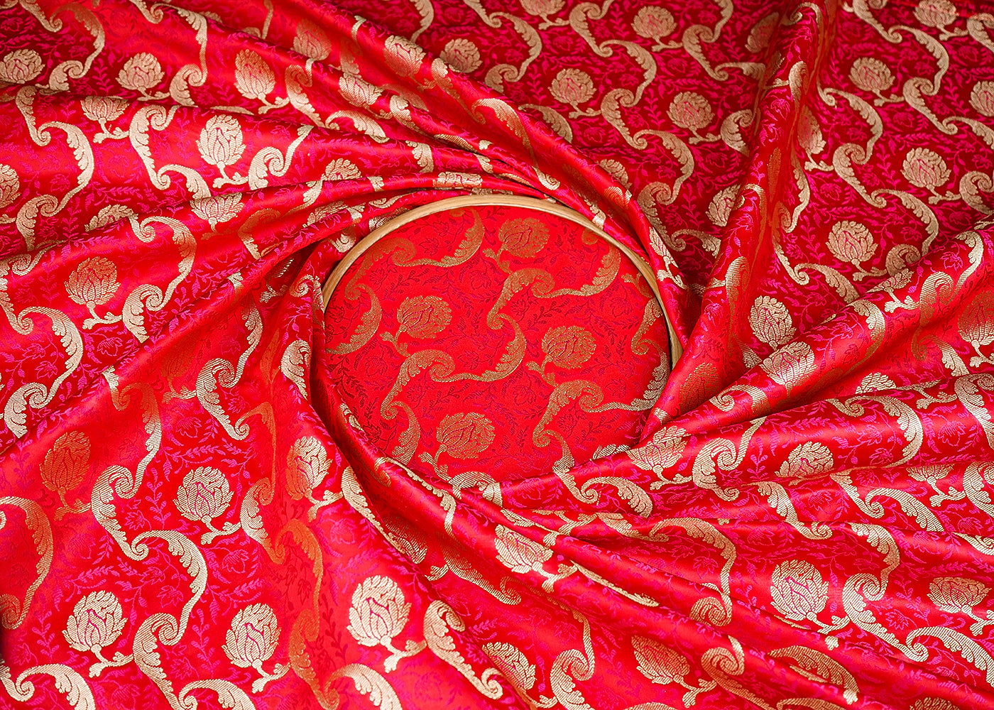 Red Banarasi Brocade Fabric With All Over Thread And Zari Handloom 21275