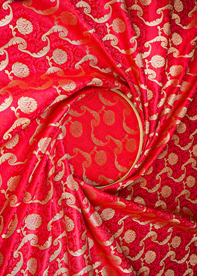 Red Banarasi Brocade Fabric With All Over Thread And Zari Handloom 21275