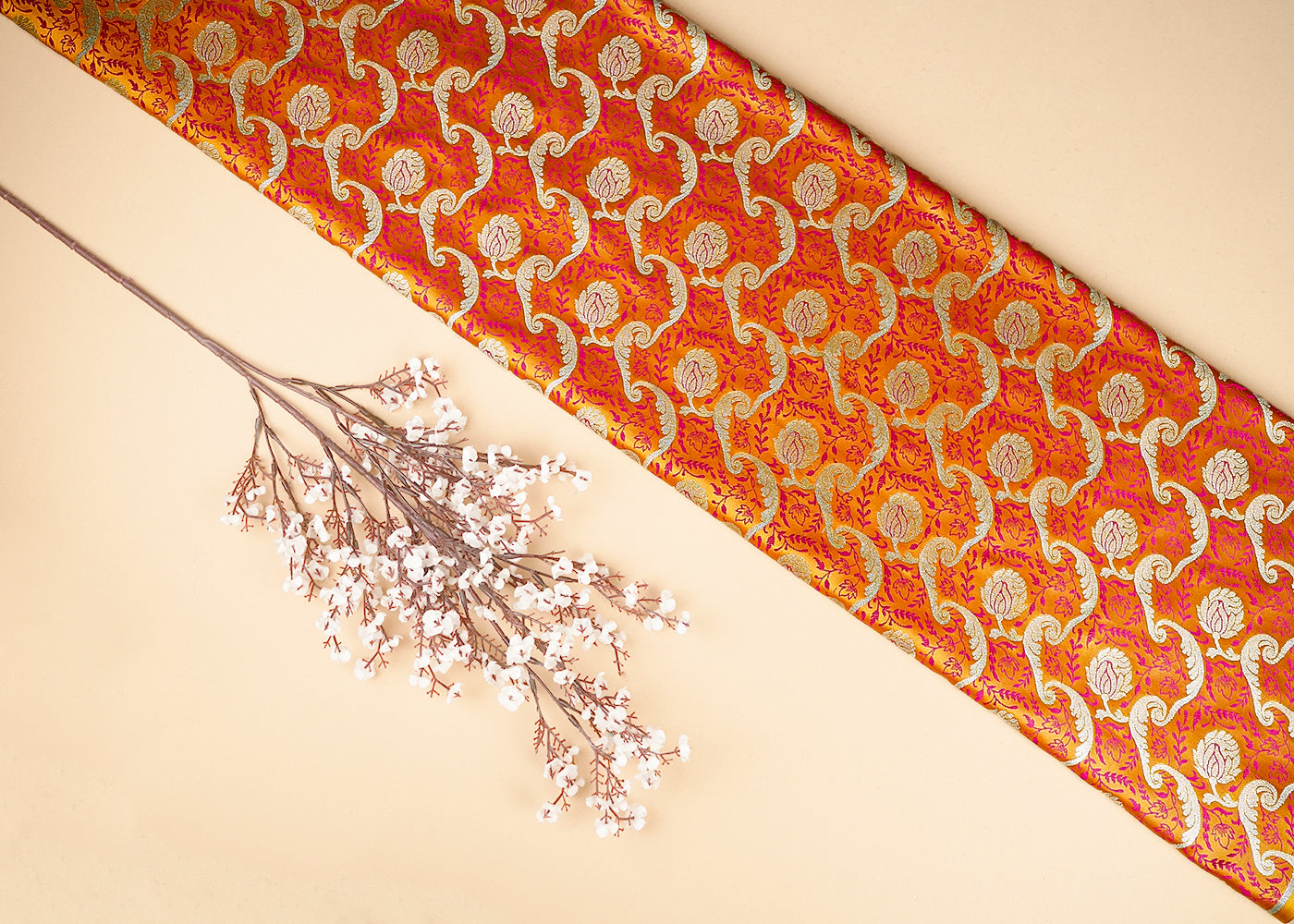 Mustard Banarasi Brocade Fabric With All Over Thread And Zari Handloom 21277