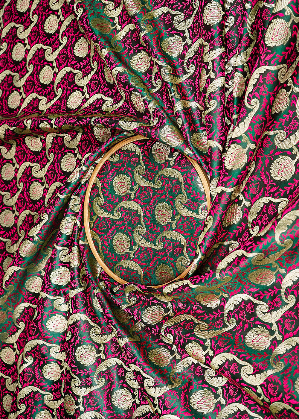 Dark-Green-Banarasi-Brocade-Fabric-With-All-Over-Thread-And-Zari-Handloom-21279-close-view