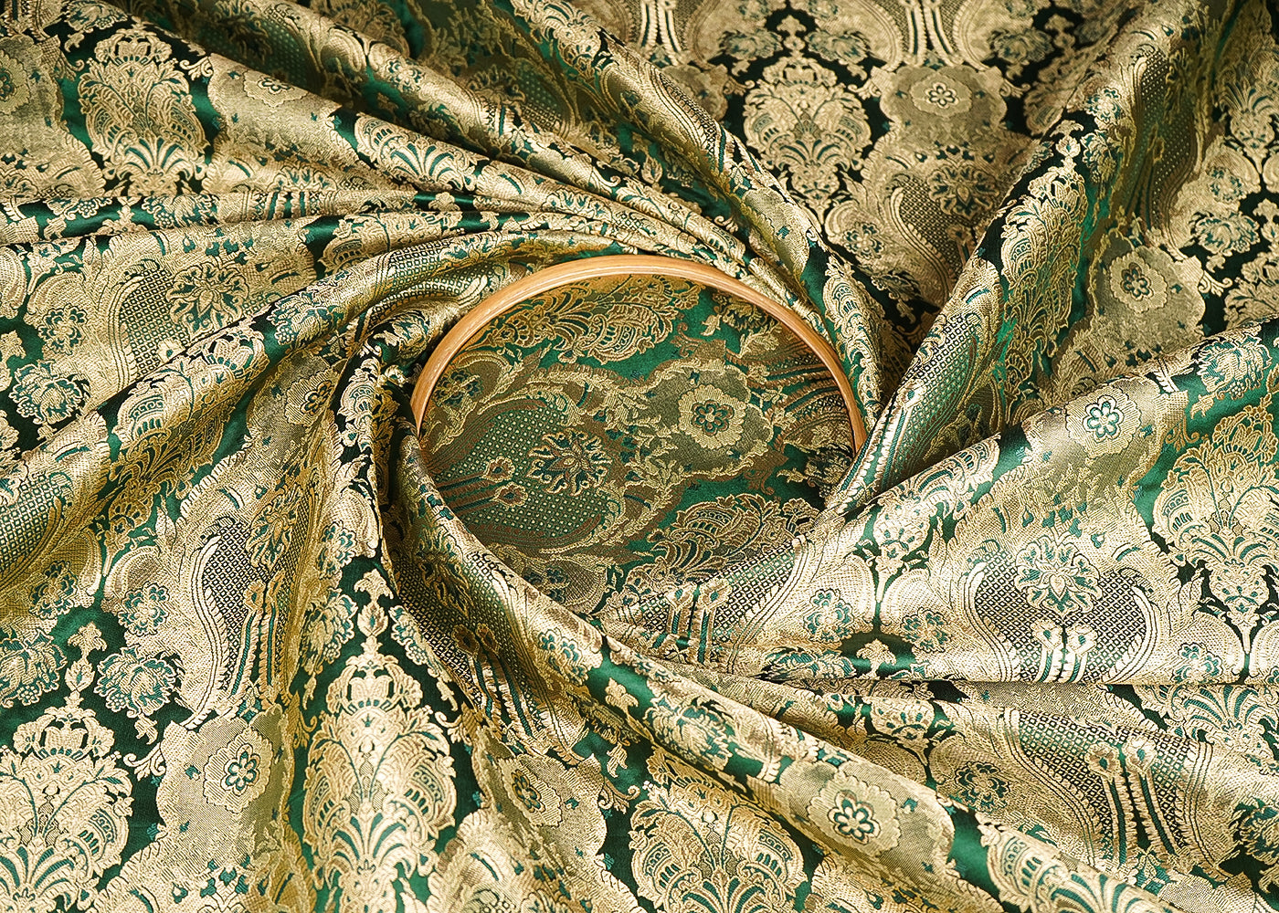 Dark Green Banarasi Brocade Fabric With All Over Thread And Zari Handloom 21281