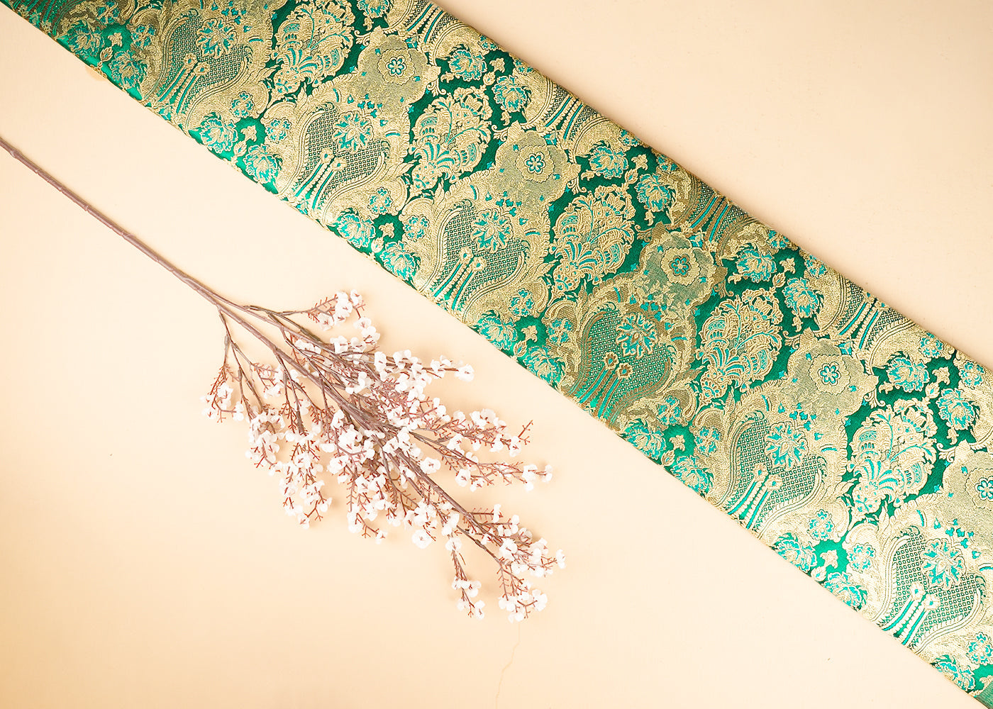 Rama Green Banarasi Brocade Fabric With All Over Thread And Zari Handloom 21283