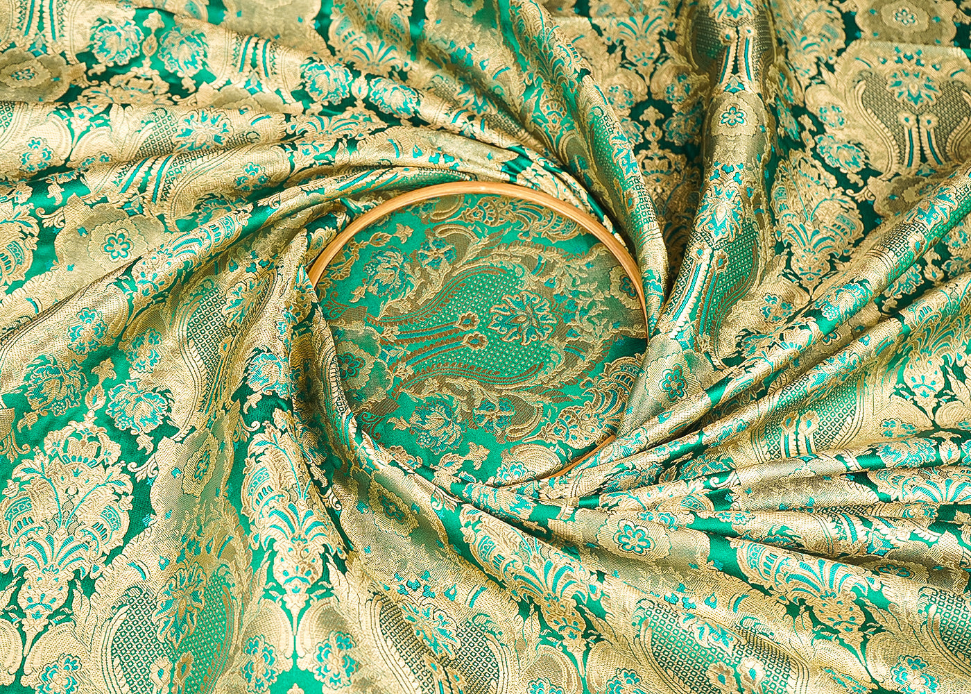 Rama Green Banarasi Brocade Fabric With All Over Thread And Zari Handloom 21283