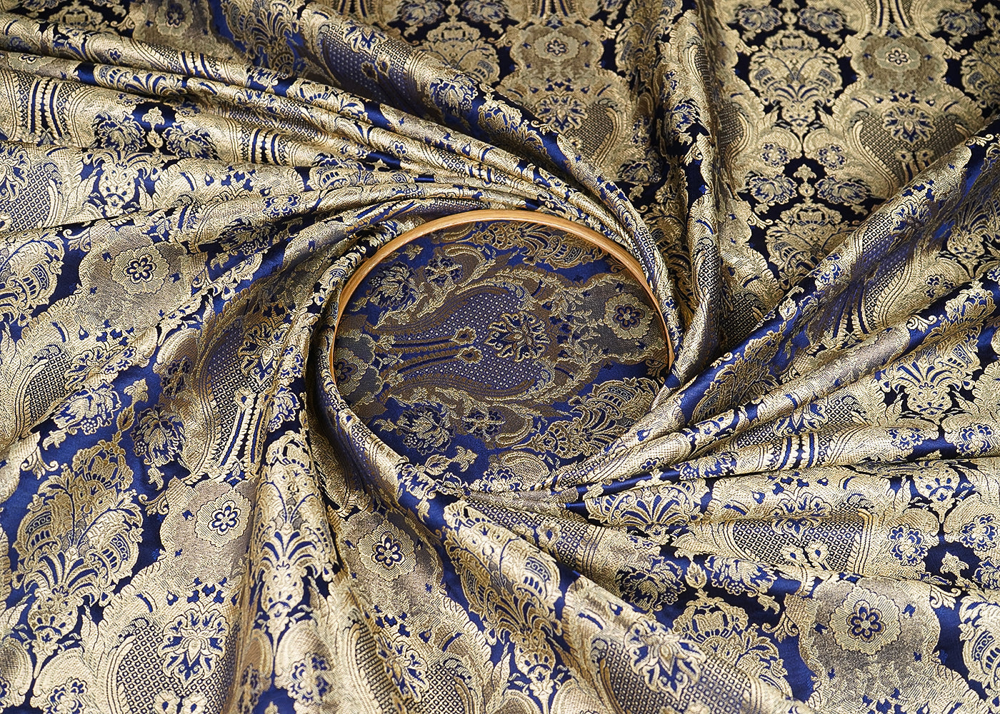 Navy Blue Banarasi Brocade Fabric With All Over Thread And Zari Handloom 21284