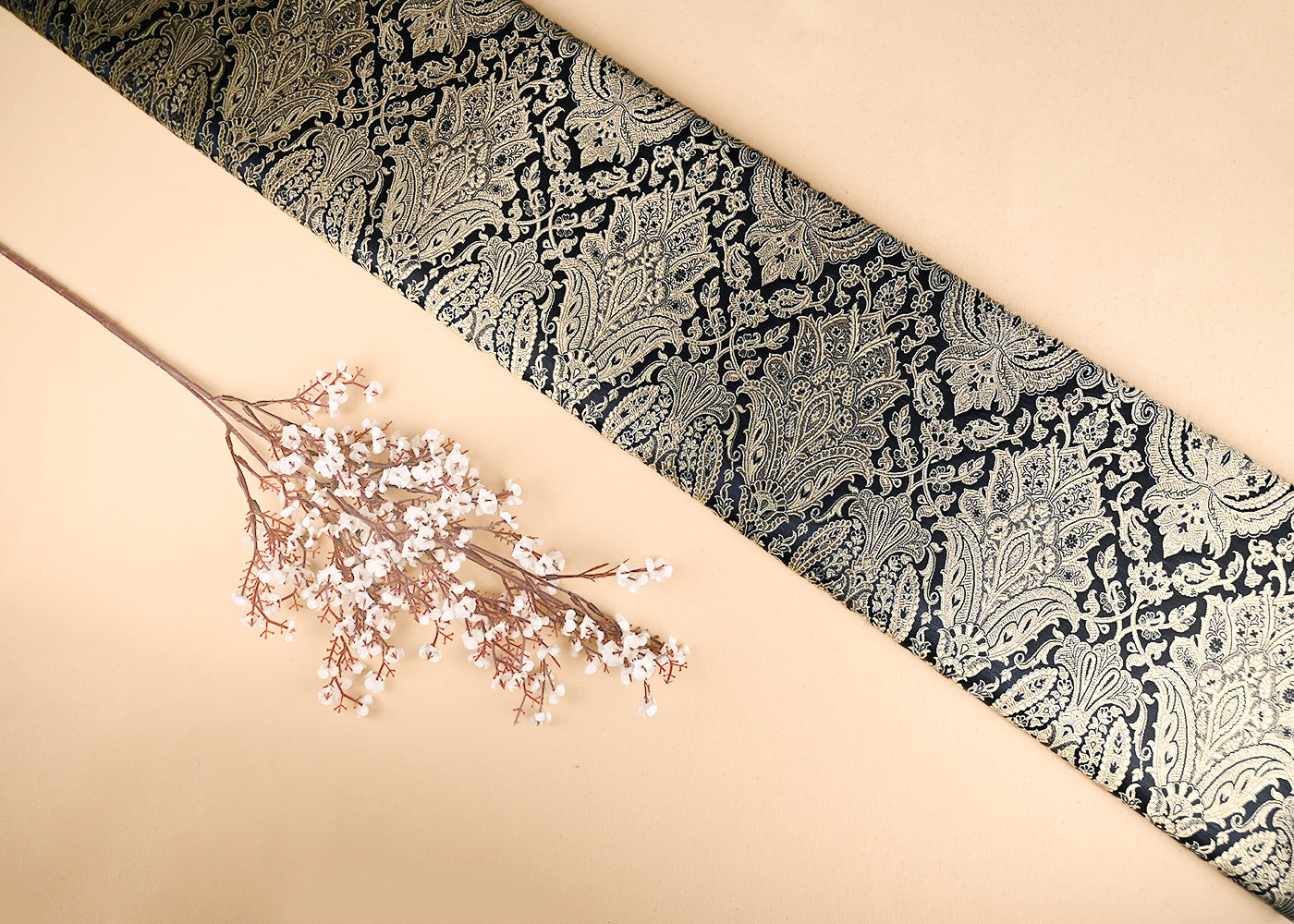 Black Banarasi Brocade Fabric With All Over Golden Zari Handloom 21285