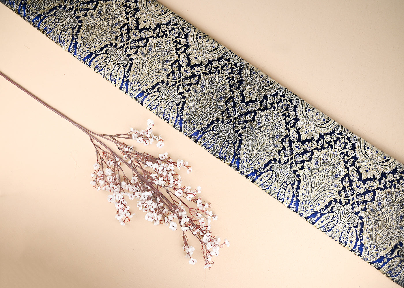 Navy Blue Banarasi Brocade Fabric With All Over Golden Zari Handloom 21286