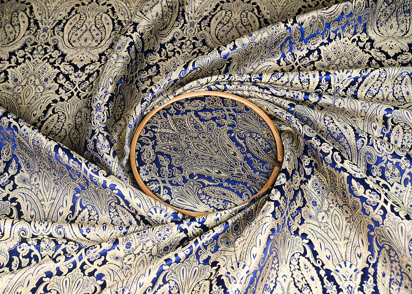 Navy Blue Banarasi Brocade Fabric With All Over Golden Zari Handloom 21286