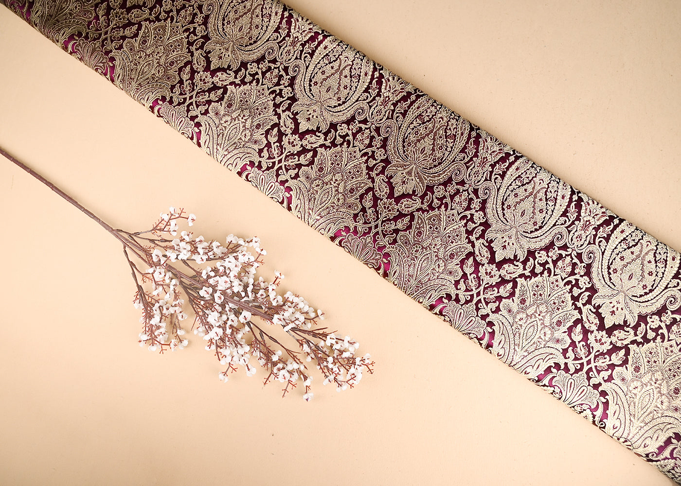 Wine Banarasi Brocade Fabric With All Over Golden Zari Handloom 21287