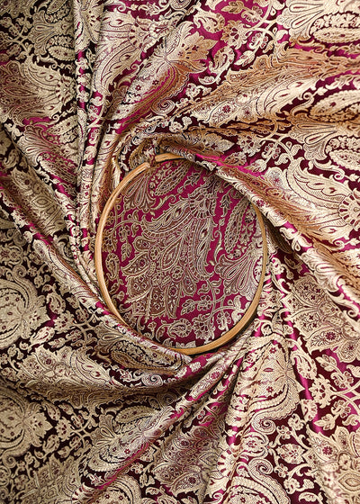 Wine Banarasi Brocade Fabric With All Over Golden Zari Handloom 21287