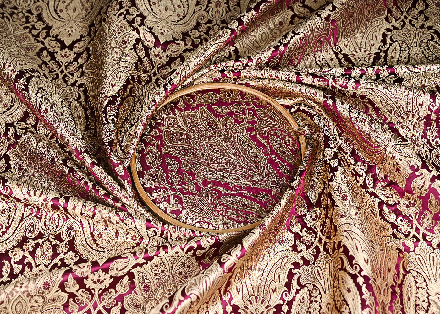 Wine Banarasi Brocade Fabric With All Over Golden Zari Handloom 21287