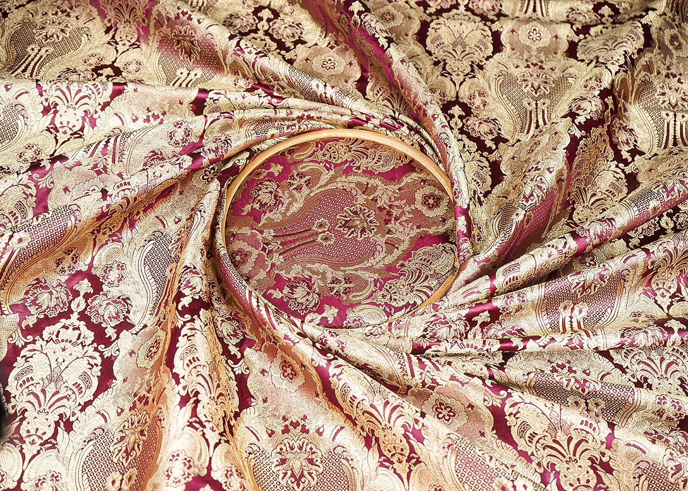 Wine Banarasi Brocade Fabric With All Over Thread And Zari Handloom 21288