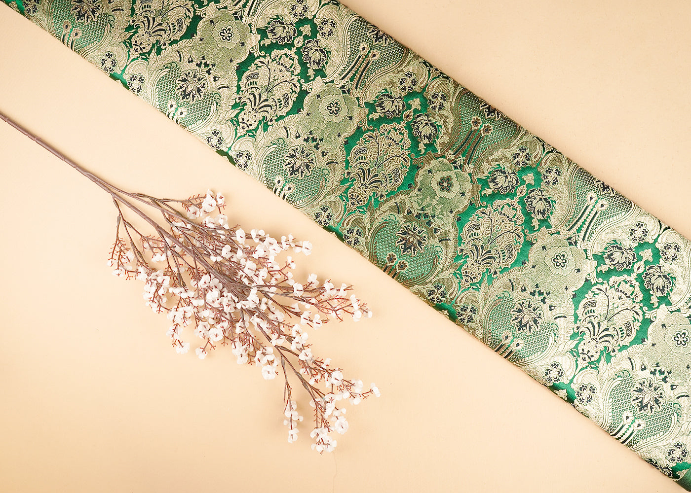 Light Green Banarasi Brocade Fabric With All Over Thread And Zari Handloom 21289
