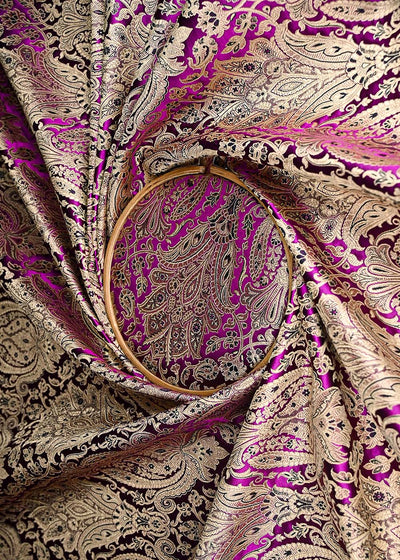 Purple Banarasi Brocade Fabric With All Over Golden Zari Handloom 21290