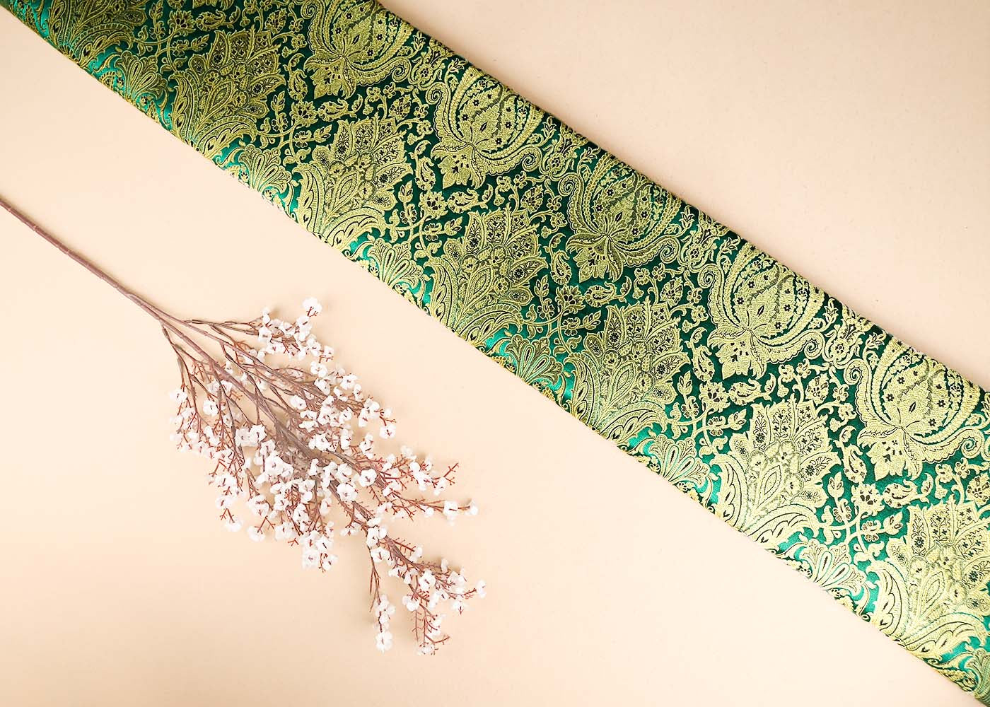 Rama Green Banarasi Brocade Fabric With All Over Golden Zari Handloom 21291