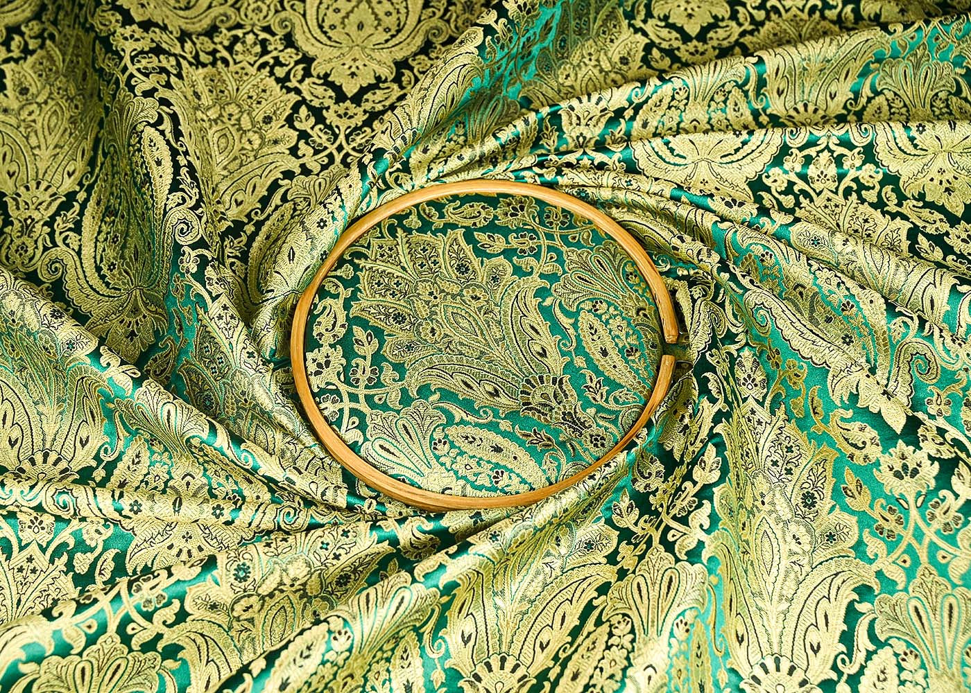 Rama Green Banarasi Brocade Fabric With All Over Golden Zari Handloom 21291