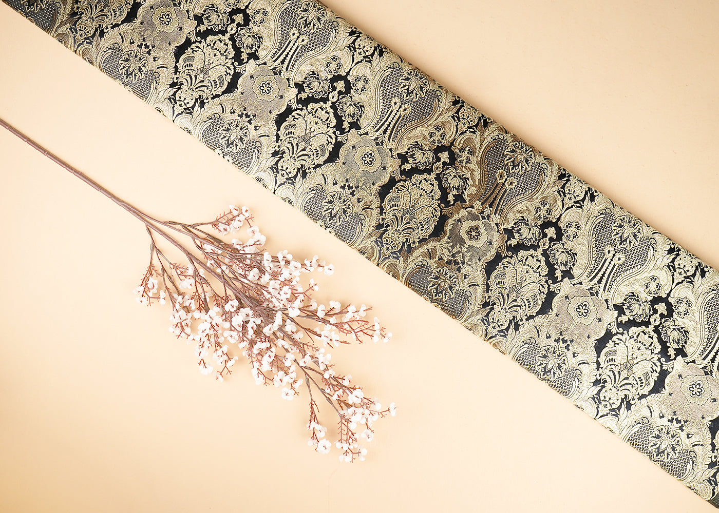 Black Banarasi Brocade Fabric With All Over Thread And Zari Handloom 21293