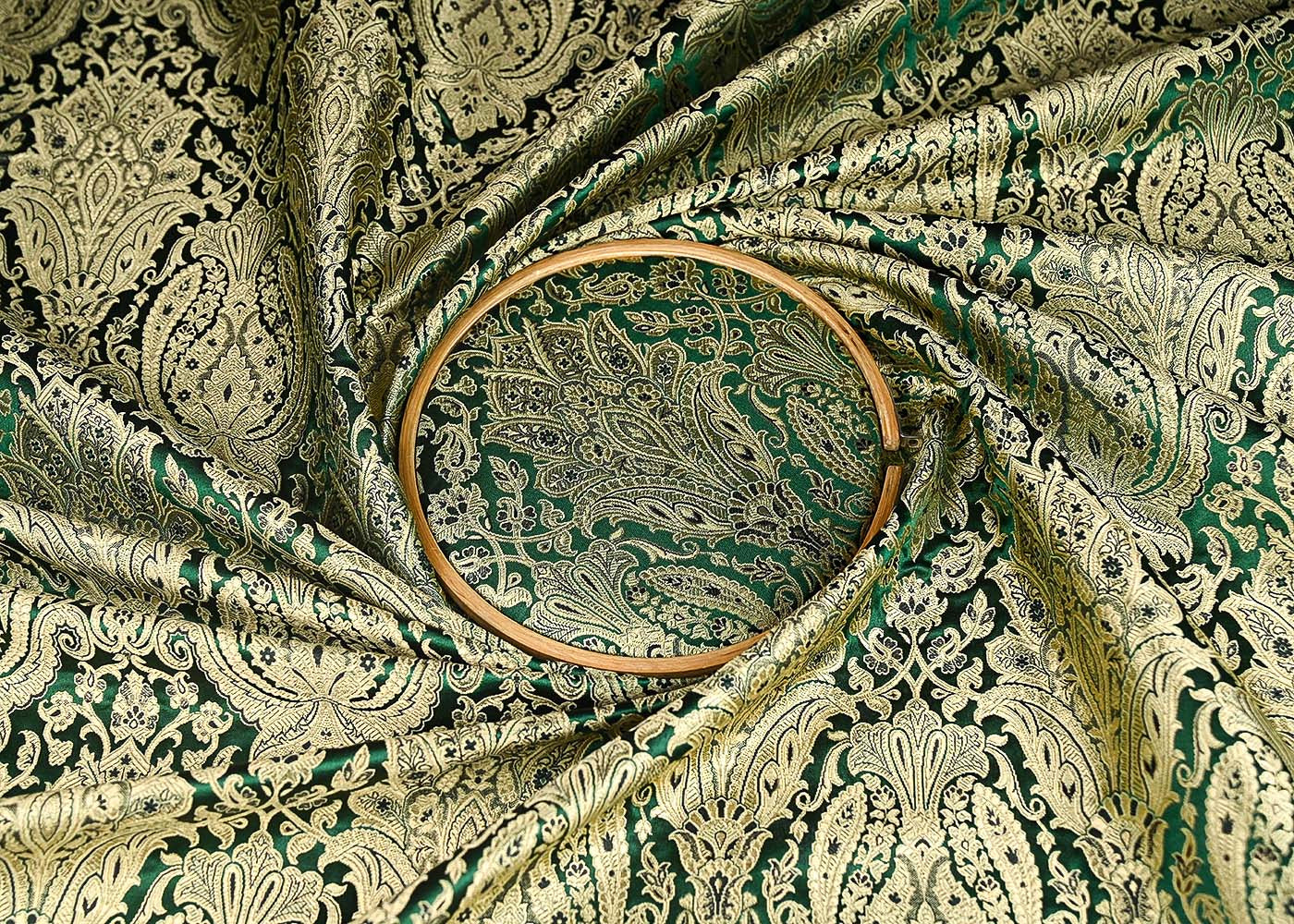 Bottle Green Banarasi Brocade Fabric With All Over Golden Zari Handloom 21294