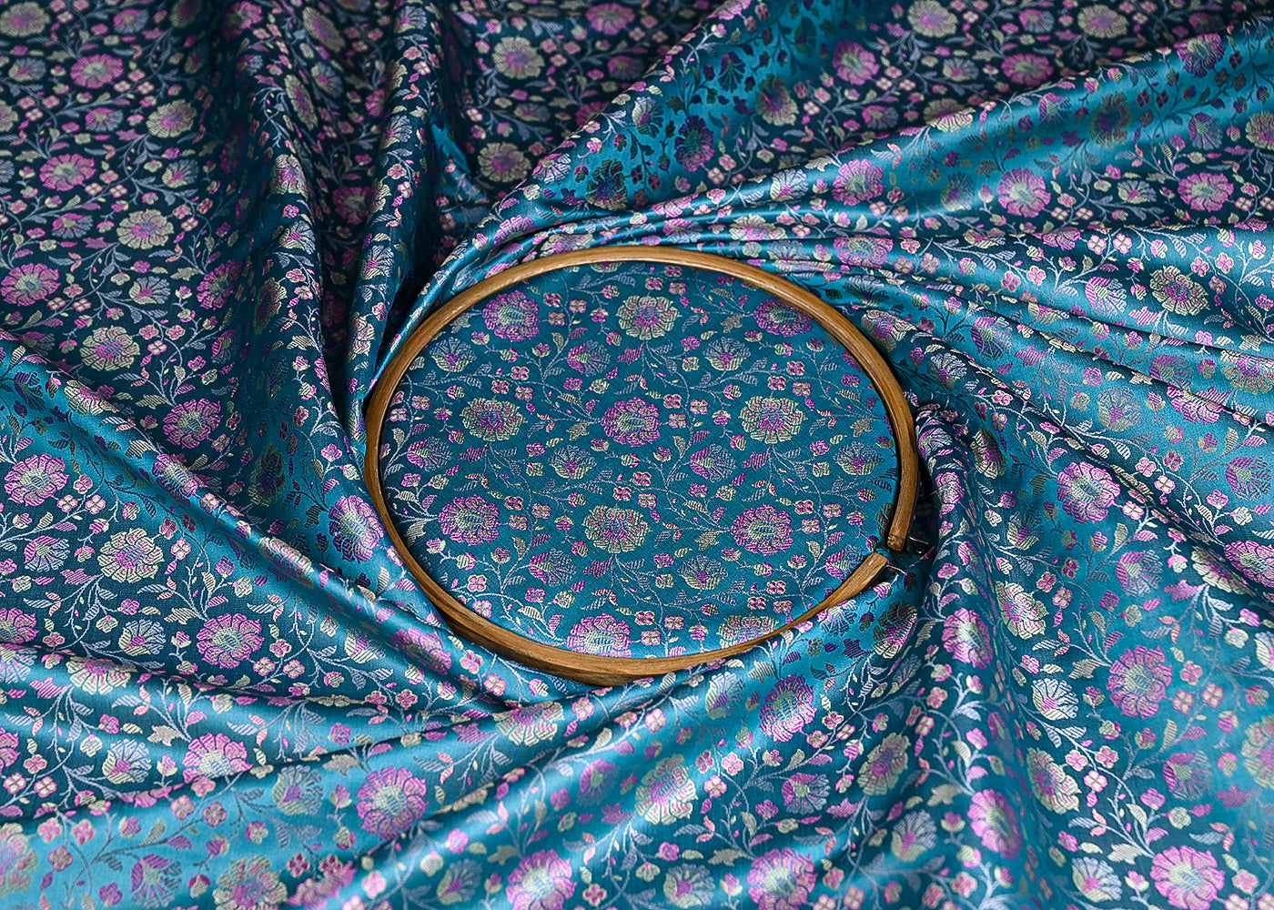 Sky Blue Banarasi Brocade Fabric With All Over Golden Zari Handloom 21295